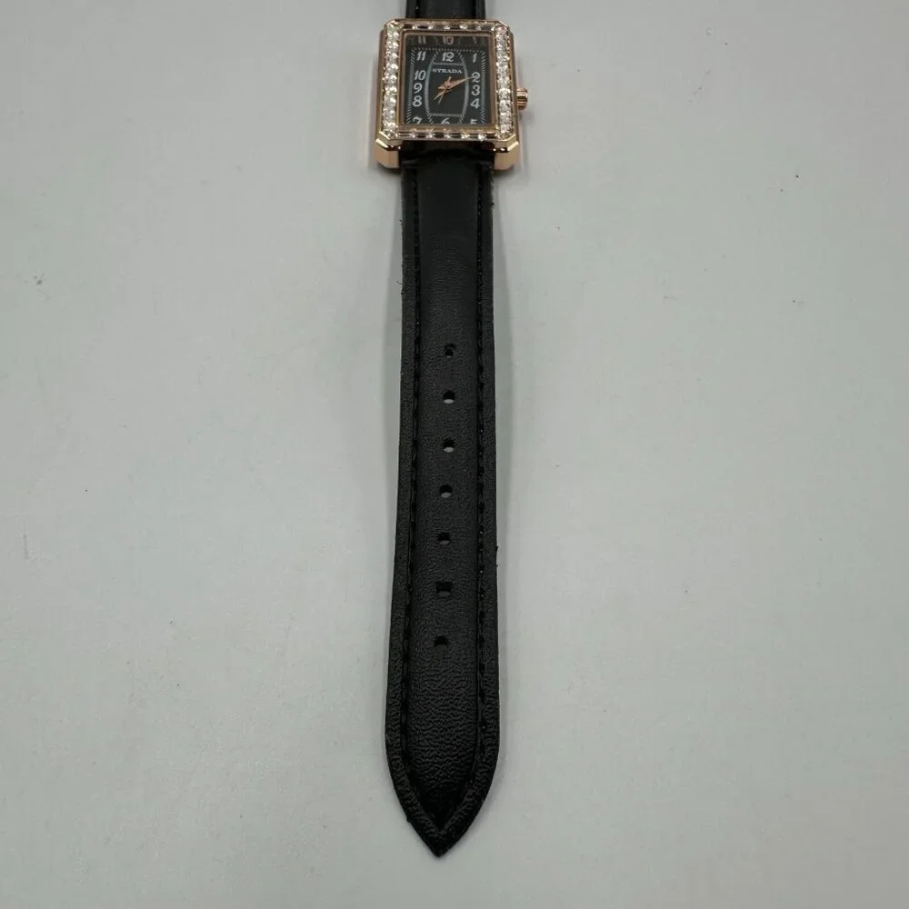 Strada Watch Women Rose Gold Tone Black Dial Crystal Bezel New Battery 9